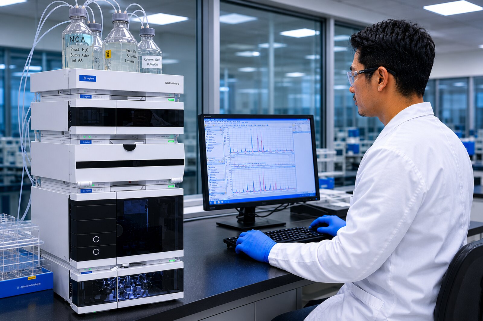 Analytical scientist operating an Agilent 1260 Infinity II HPLC system in Apollo Analytical's precision laboratory